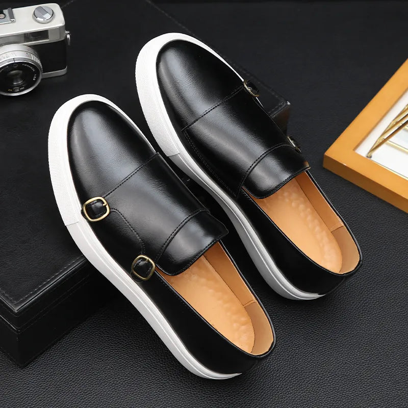 Premium Leather Slip On Loafers - Double Strap Dress Shoes
