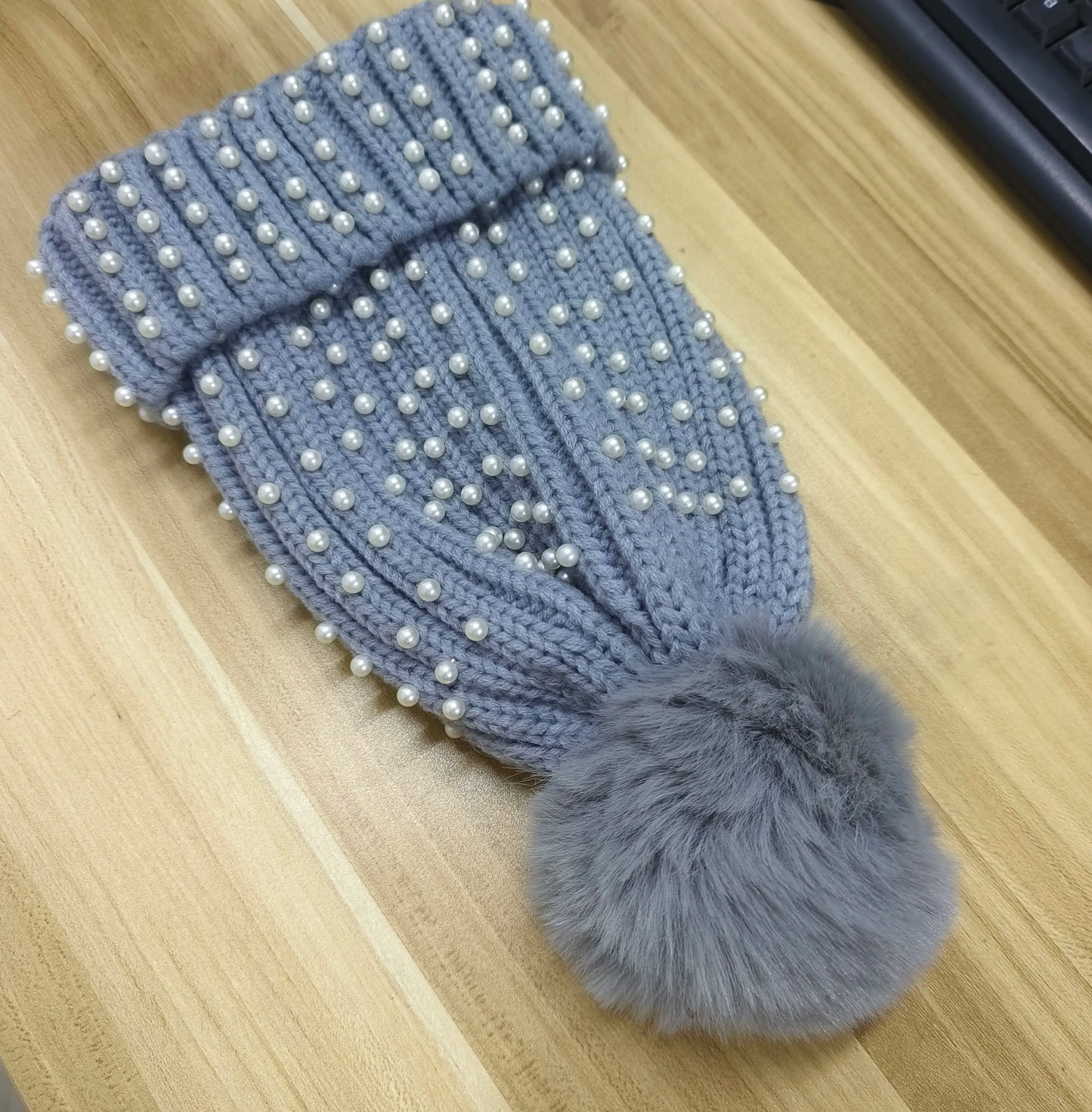 Sparkly Beaded Winter Pom Pom Hat