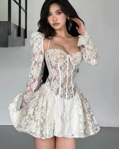 Retro Lace Open Back Short Party Dress Women - BritishElegance