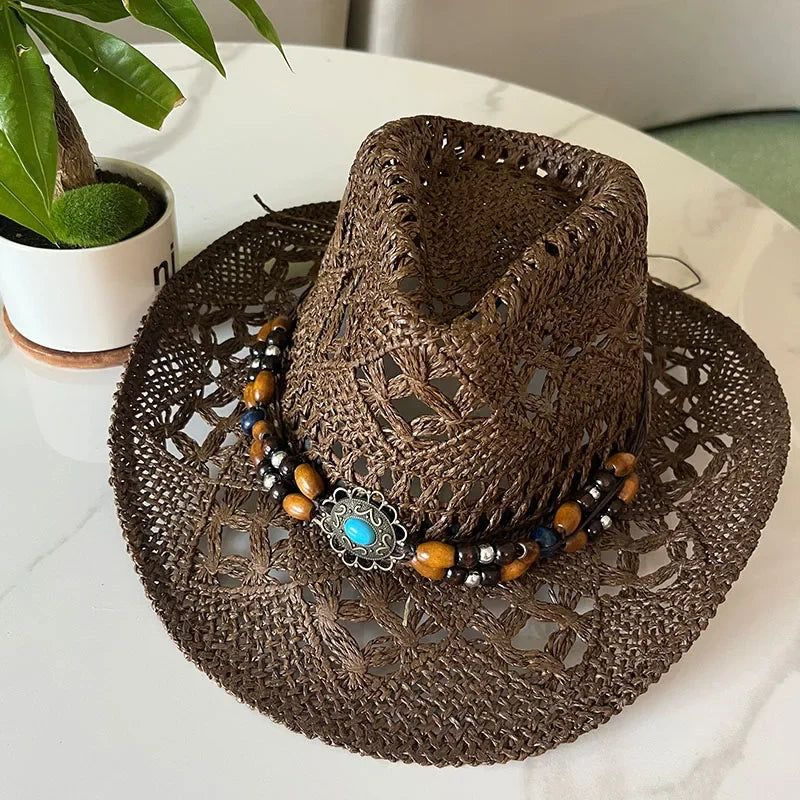 Rustic Natural Fiber Cowboy Hat - Brown Wooden Beads