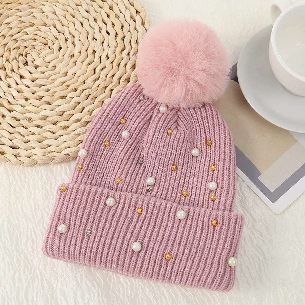 Sparkly Beaded Winter Pom Pom Hat