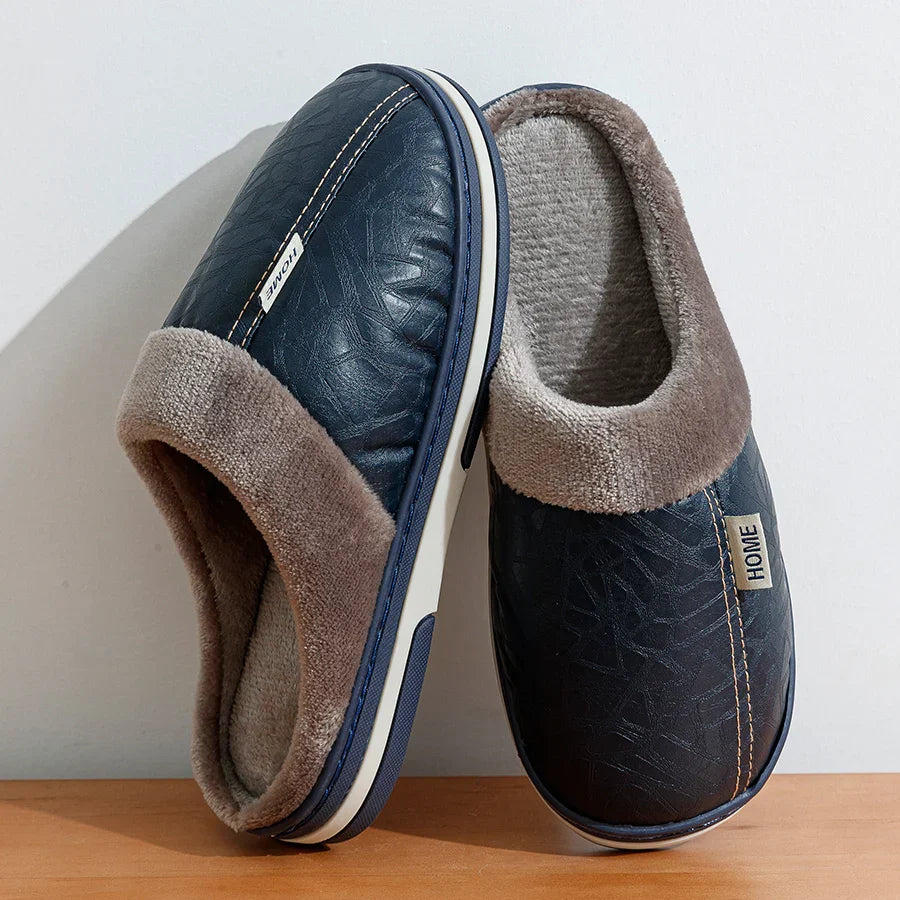 Cozy Mens Faux Leather Slippers with Soft Fur Inside
