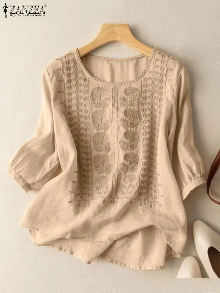 Chic Lace Embroidered 3/4 Sleeve Women's Top - BritishElegance