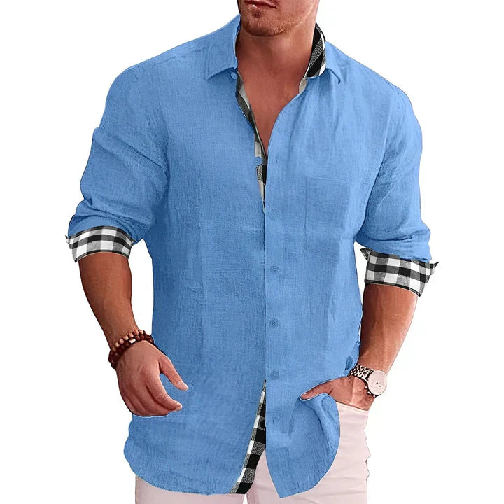 Men's casual shirt featuring contrast details and rolled sleeves