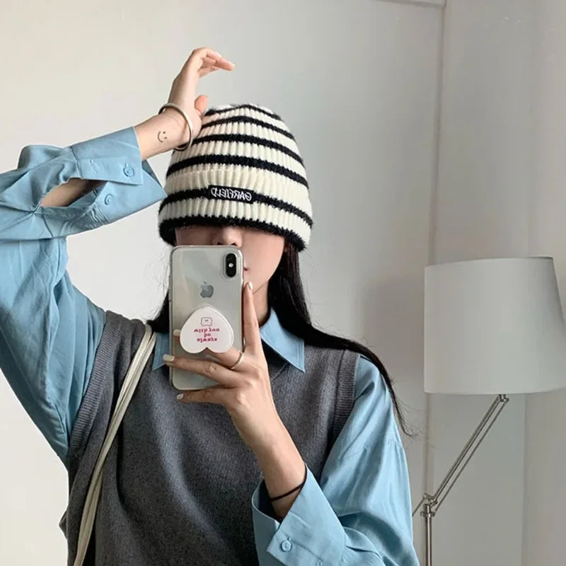 Warm Winter Beanie Hat with Hood and Striped Pattern - BritishElegance