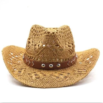 Rustic Natural Fiber Cowboy Hat - Brown Wooden Beads