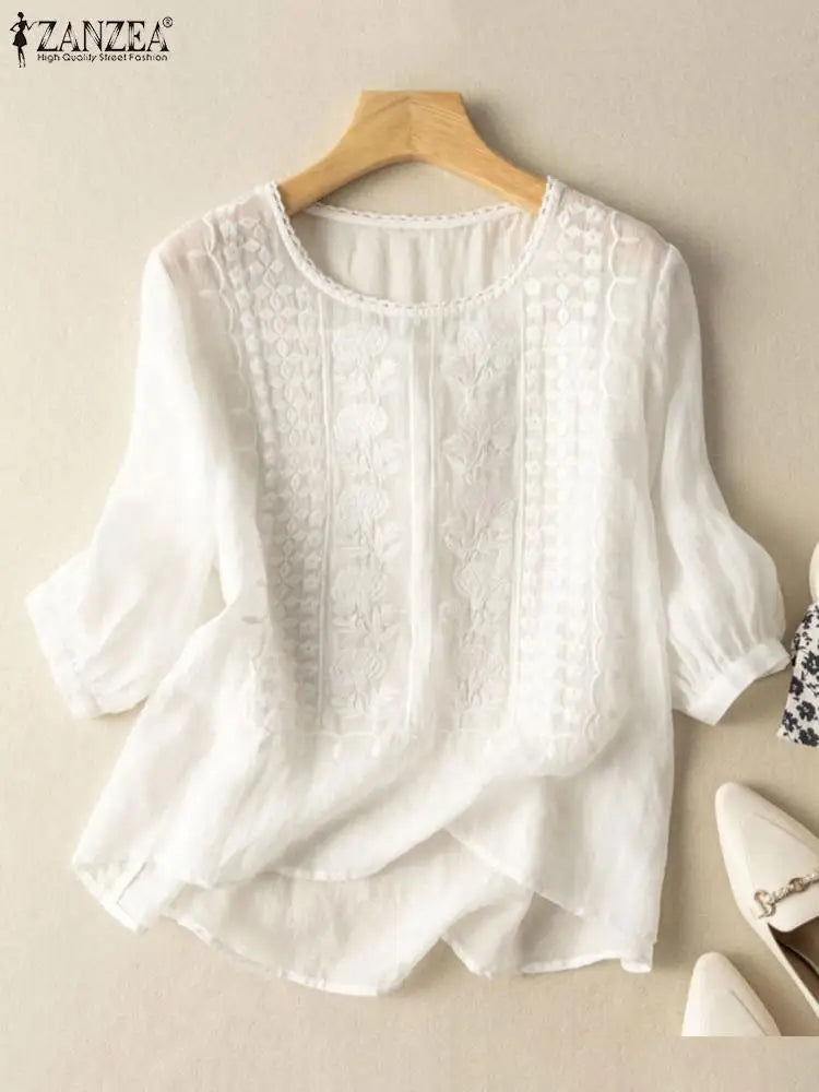 Chic Lace Embroidered 3/4 Sleeve Women's Top