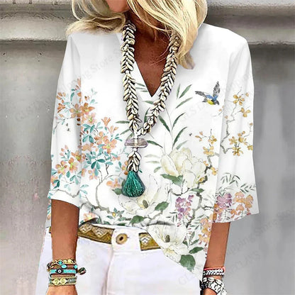 Relaxed Fit Floral V-Neck T-Shirt – Casual Summer Top