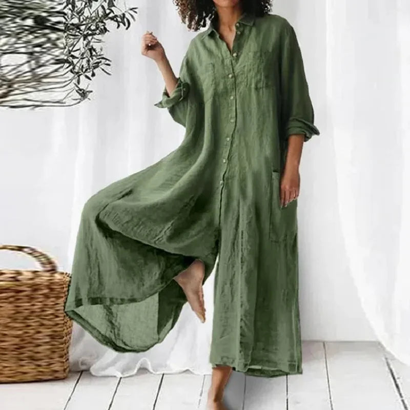 Chic Ladies Long Linen Summer Dress with Buttons