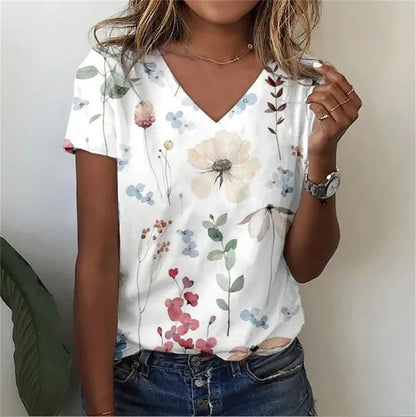 Casual Floral Graphic V-Neck T-Shirt – Loose Fit Women's Top