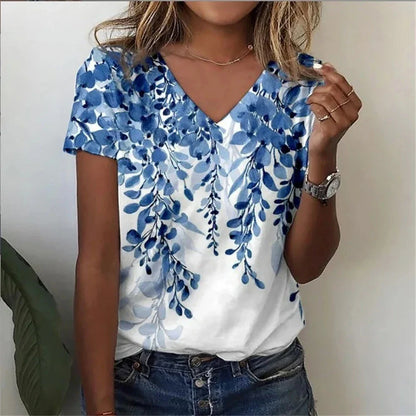 Casual Floral Graphic V-Neck T-Shirt – Loose Fit Women's Top