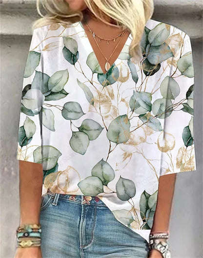 Relaxed Fit Floral V-Neck T-Shirt – Casual Summer Top