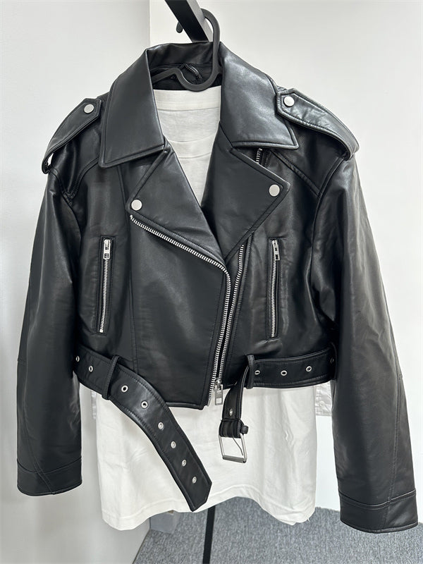Classic Women's Vegan Leather Zip Coat with Belt