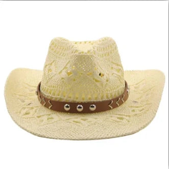 Rustic Natural Fiber Cowboy Hat - Brown Wooden Beads