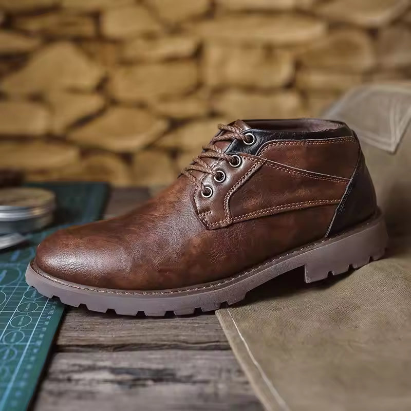 PU Leather Lace-Up Ankle Boots Men - Sturdy Sole