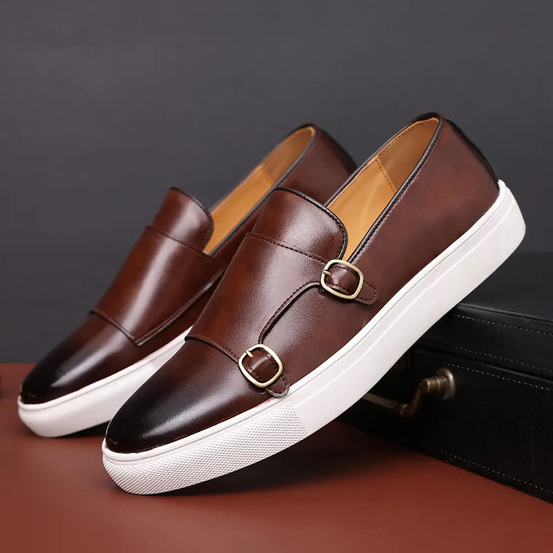Premium Leather Slip On Loafers - Double Strap Dress Shoes - BritishElegance