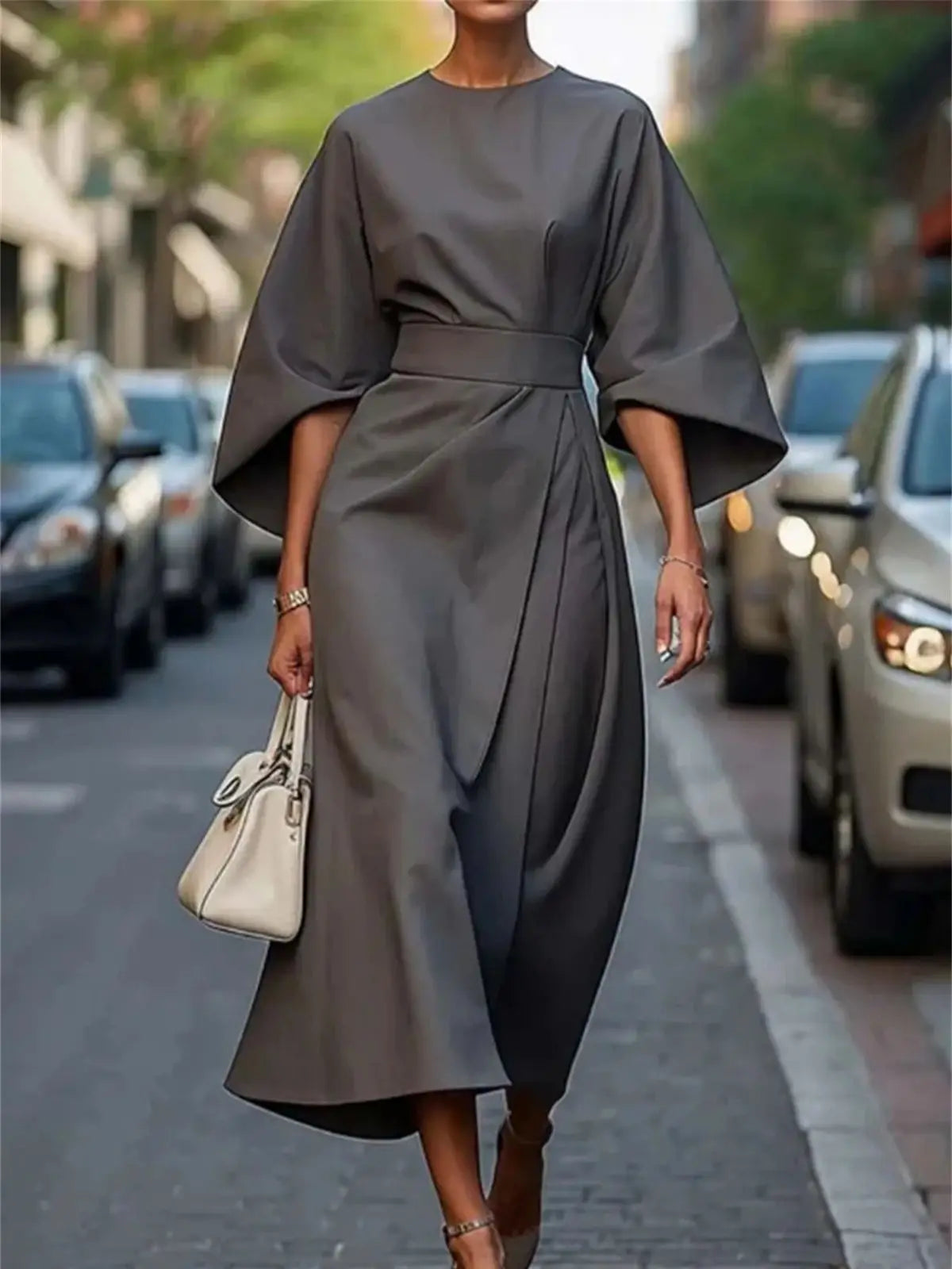 Valencia – Structured A-Line Midi Dress with Belted Waist