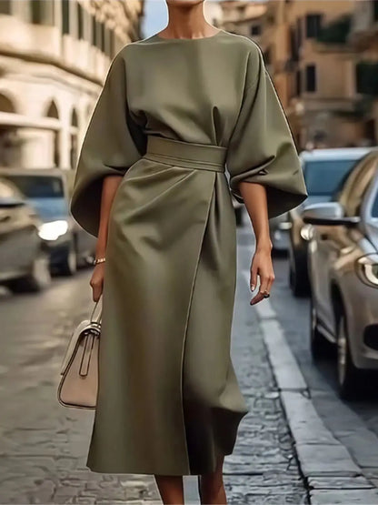 Valencia – Structured A-Line Midi Dress with Belted Waist