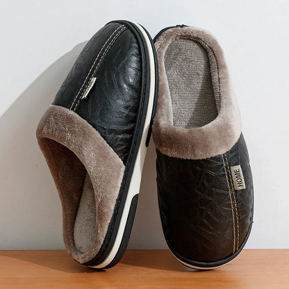 Cozy Mens Faux Leather Slippers with Soft Fur Inside