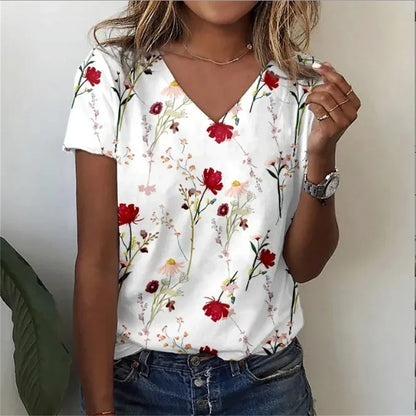 Casual Floral Graphic V-Neck T-Shirt – Loose Fit Women's Top