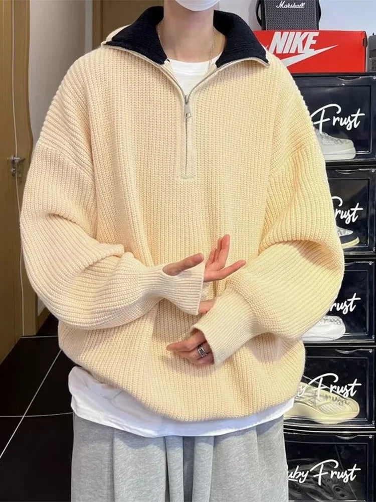 Retro Half-Zip Crew Neck Pullover Sweater Men