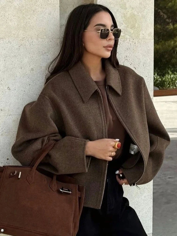 Classic Tan Wool Zipper Coat - BritishElegance