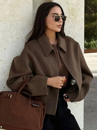 Classic Tan Wool Zipper Coat - BritishElegance