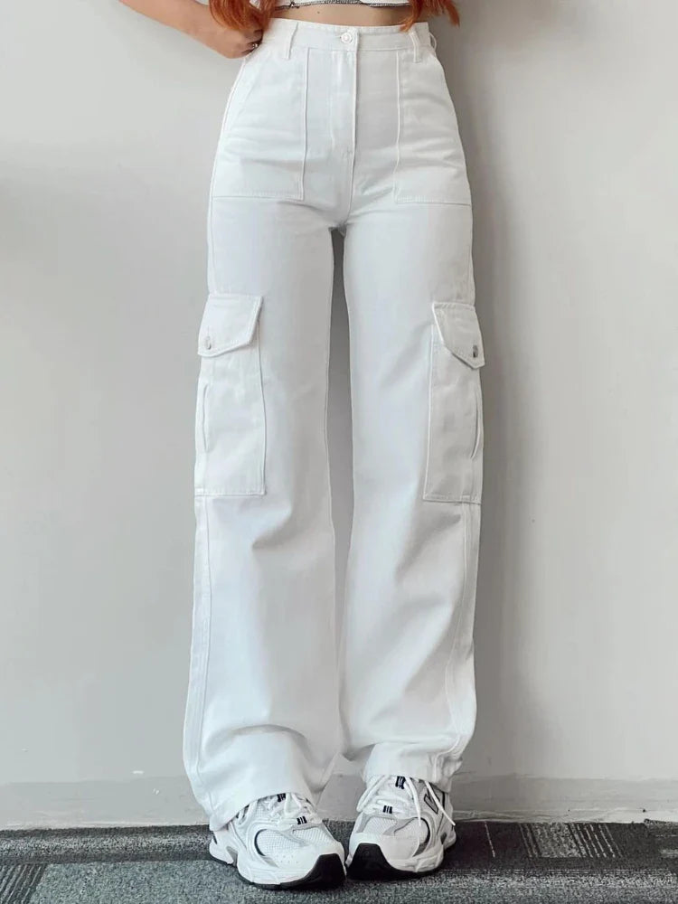 Retro Style Beige Cargo Wide Leg Jogger Pants