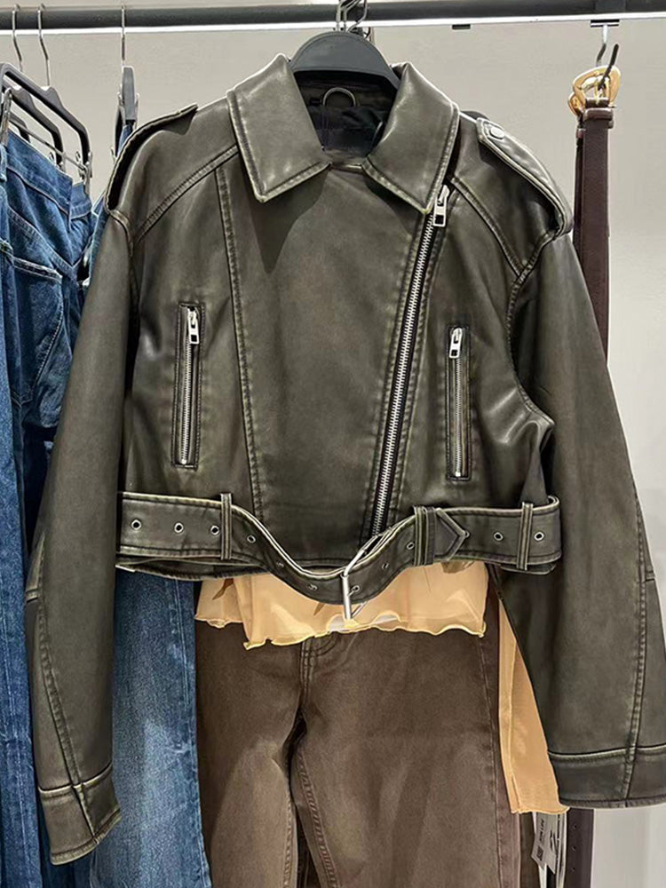 Classic Women's Vegan Leather Zip Coat with Belt - BritishElegance