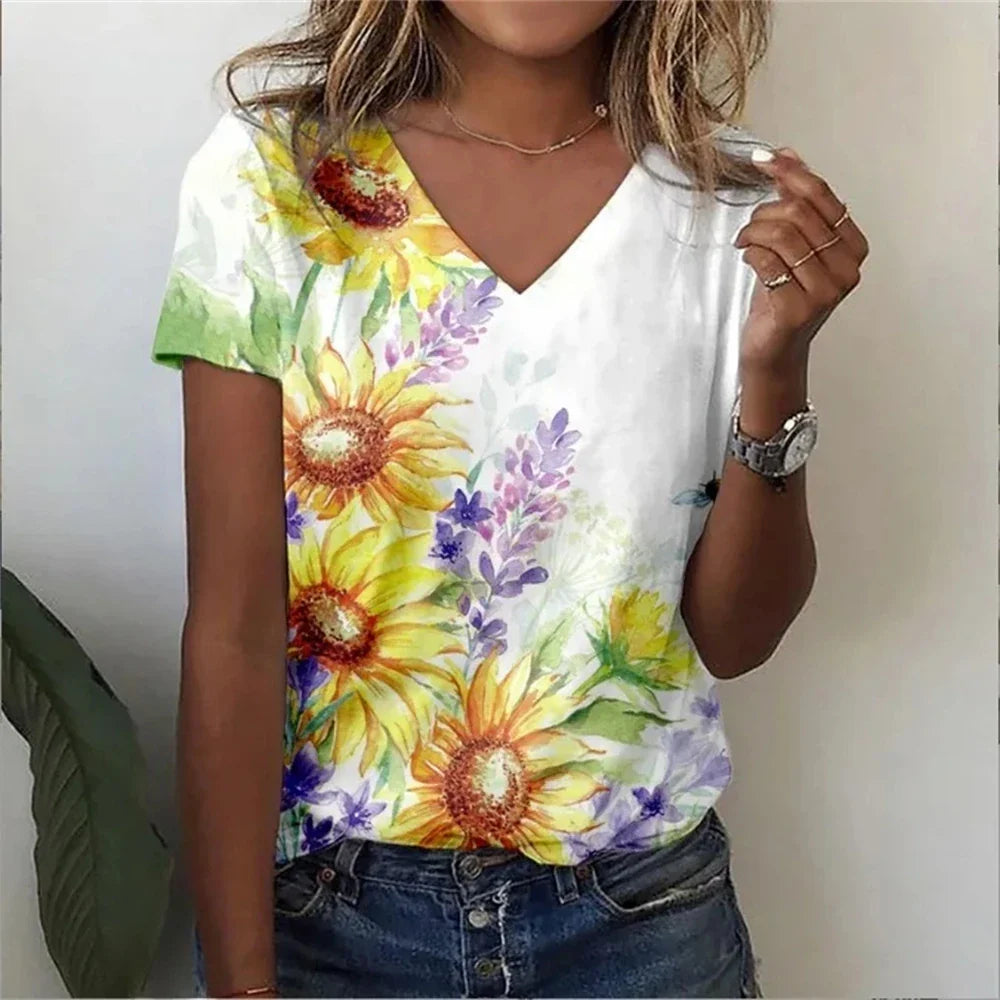Casual Floral Graphic V-Neck T-Shirt – Loose Fit Women's Top