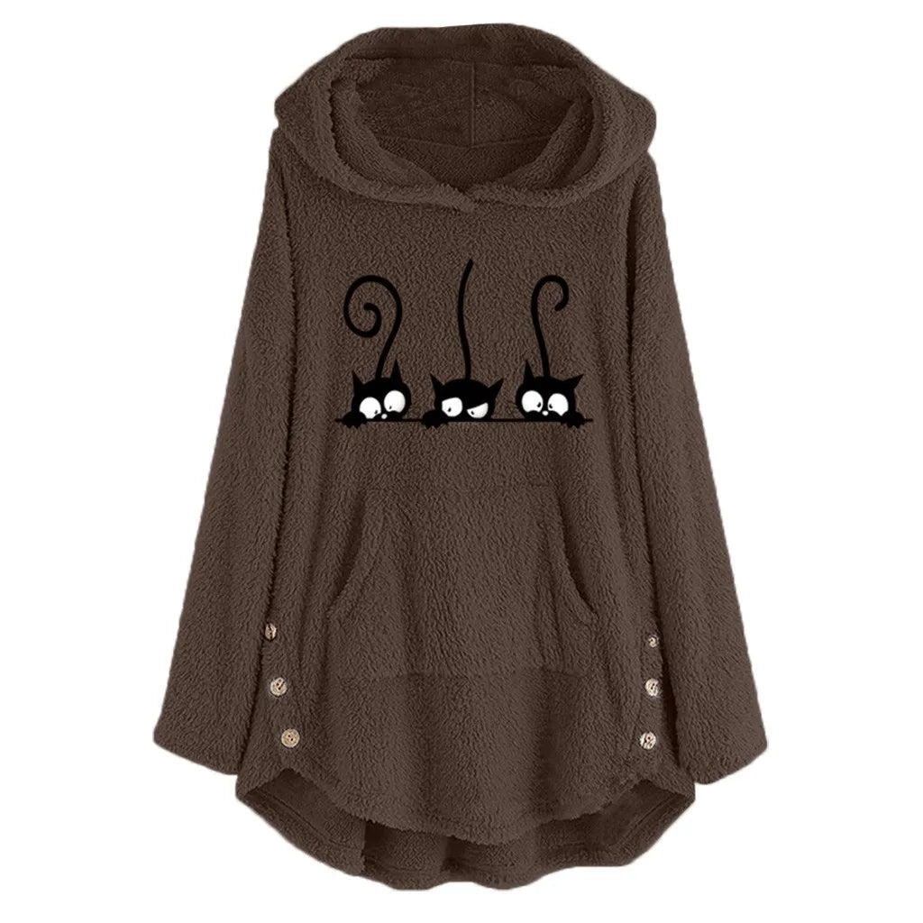 Cozy Fleece Hooded Sweatshirt for Women with Cat Design - BritishElegance