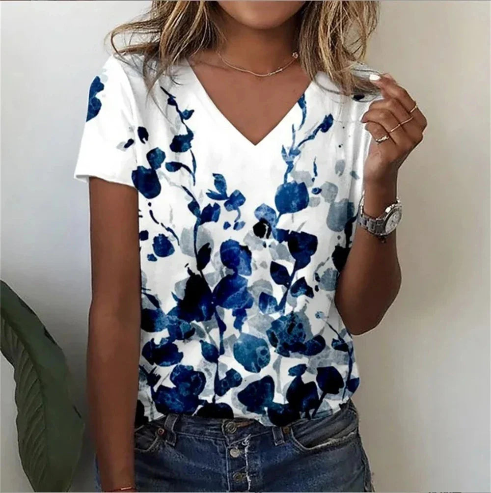 Casual Floral Graphic V-Neck T-Shirt – Loose Fit Women's Top