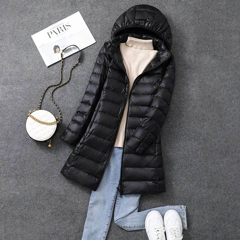 Women's Long Winter Puffer Coat with Detachable Hat