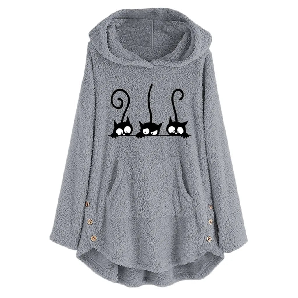 Cozy Fleece Hooded Sweatshirt for Women with Cat Design