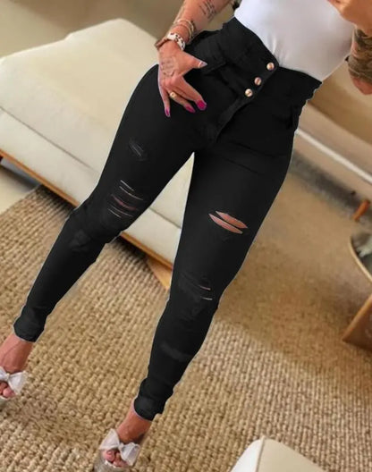 Trendy High Waist Distressed Womens Jeans with Buttons