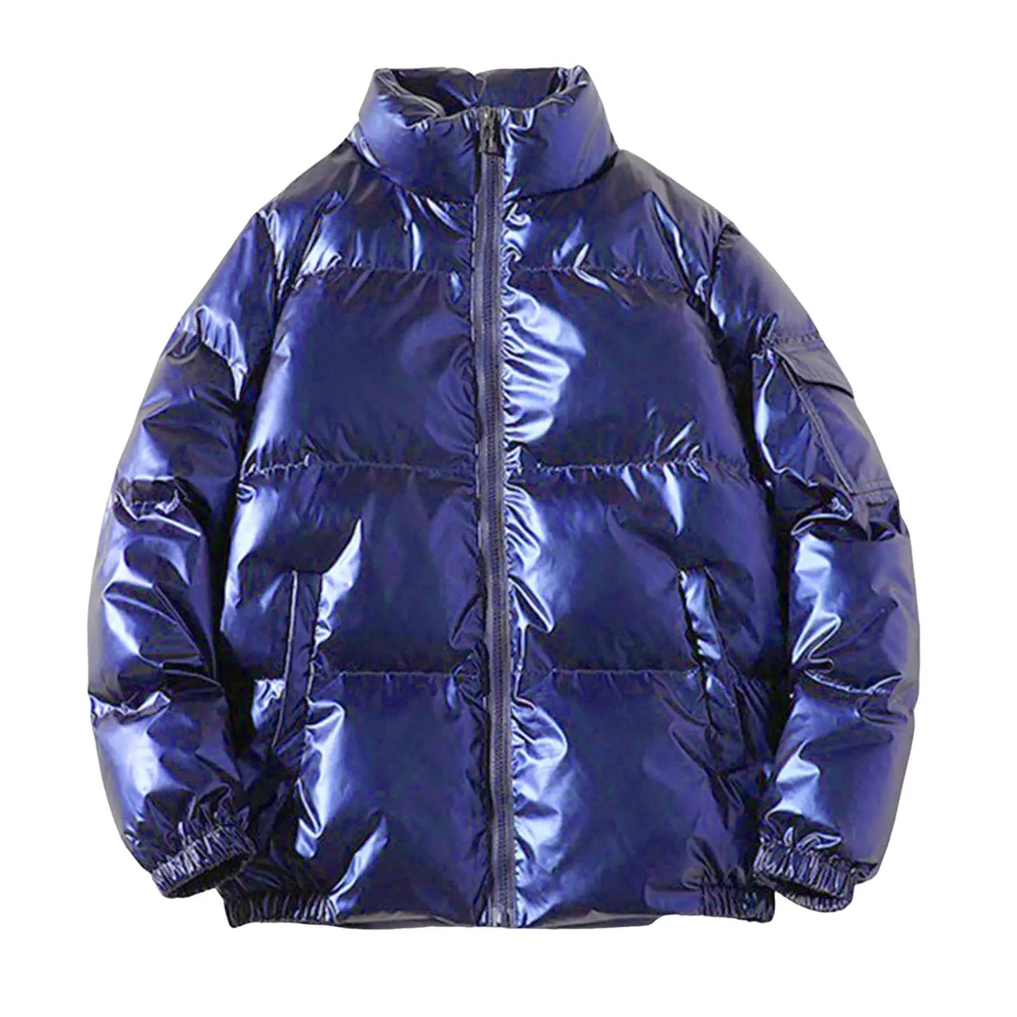 Men’s High Shine Metallic Puffer Jacket with Stand Collar