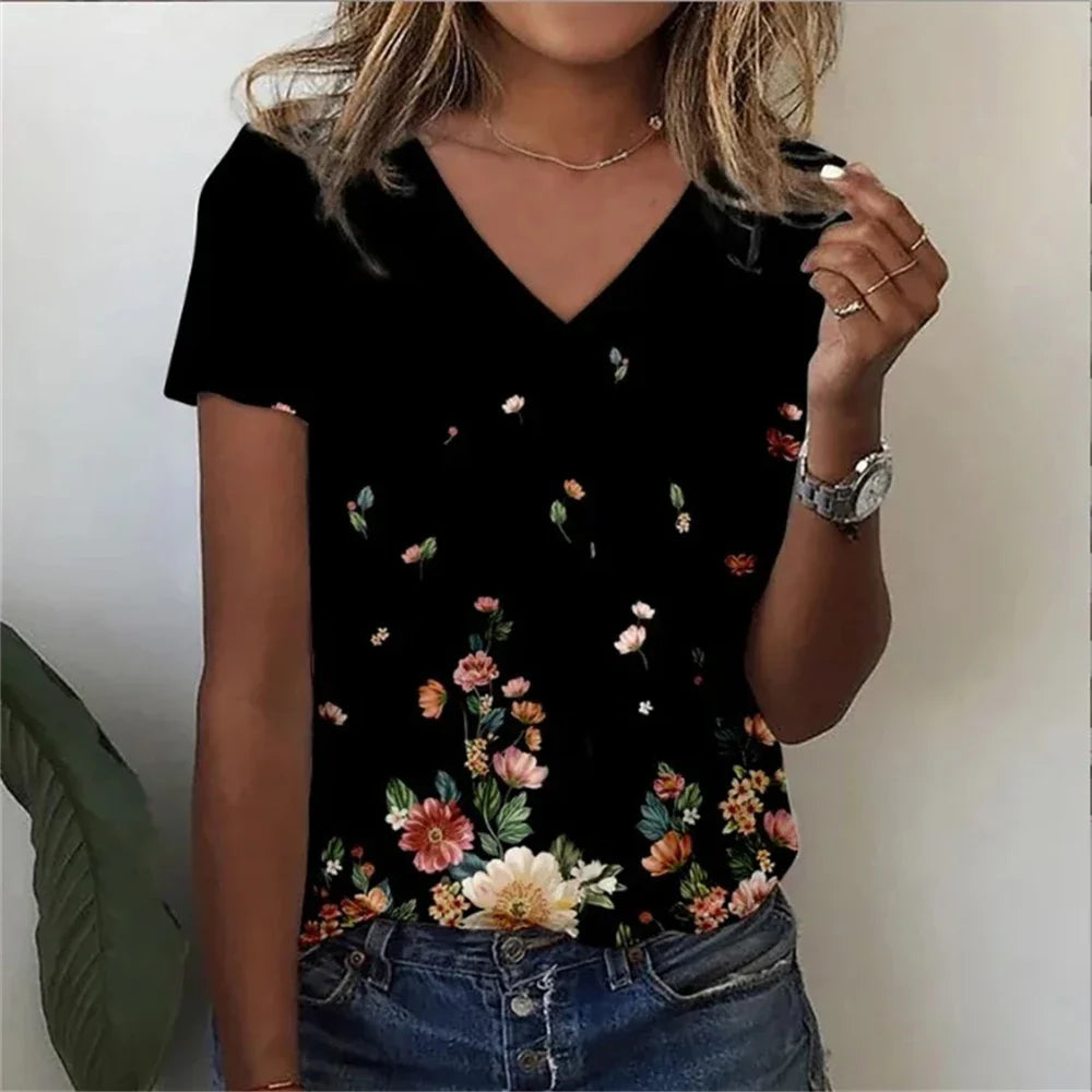 Casual Floral Graphic V-Neck T-Shirt – Loose Fit Women's Top