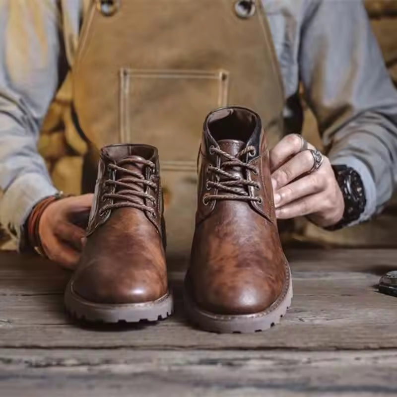 PU Leather Lace-Up Ankle Boots Men - Sturdy Sole