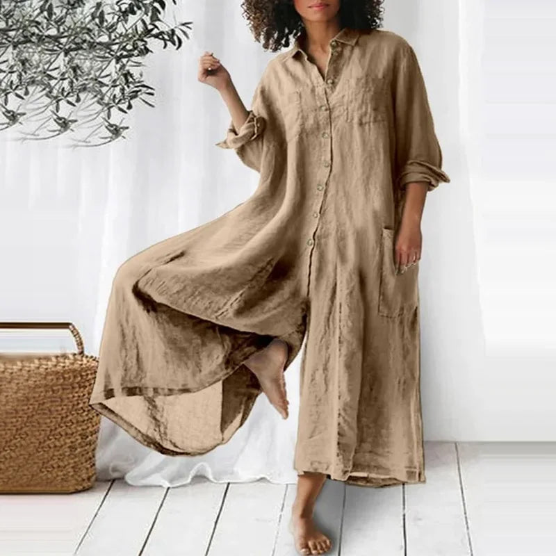 Chic Ladies Long Linen Summer Dress with Buttons