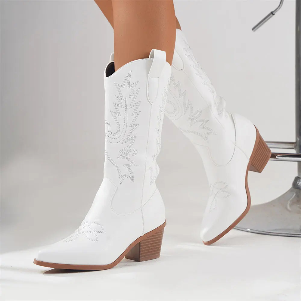 Women's Fashion Embroidered Ankle Block Heel Boots