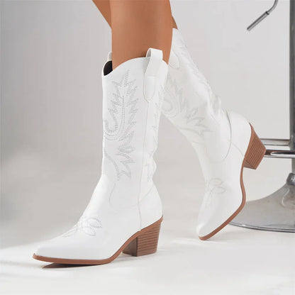 Women's Fashion Embroidered Ankle Block Heel Boots