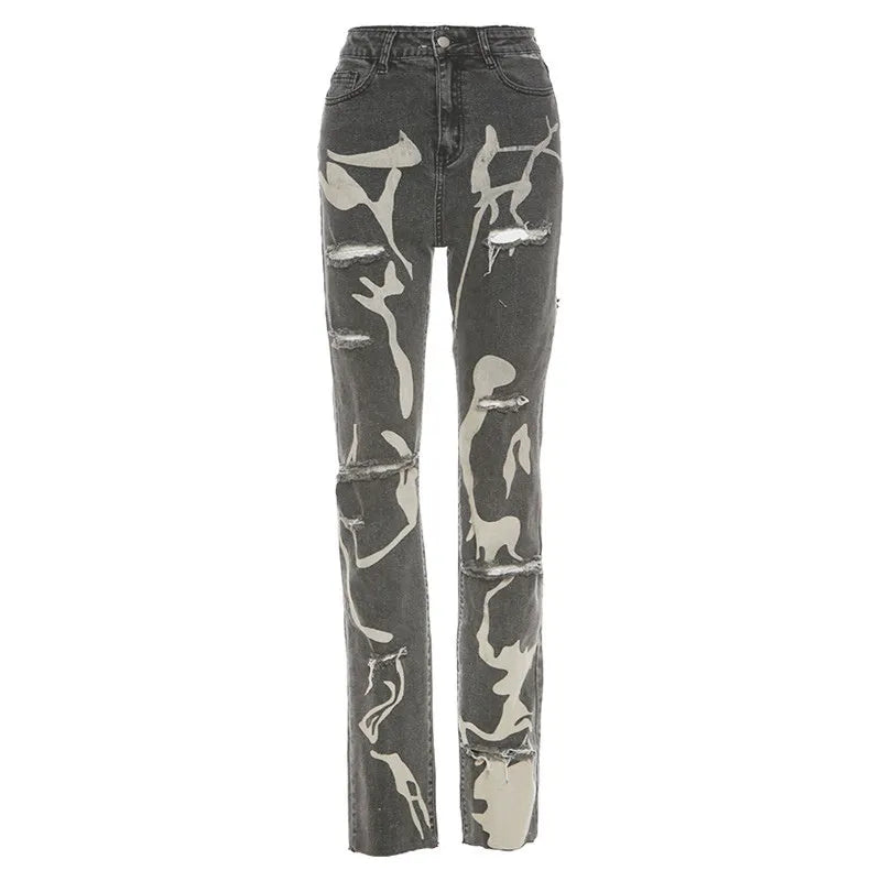 Fashionable Distressed Women's Jeans with Rips and Fading