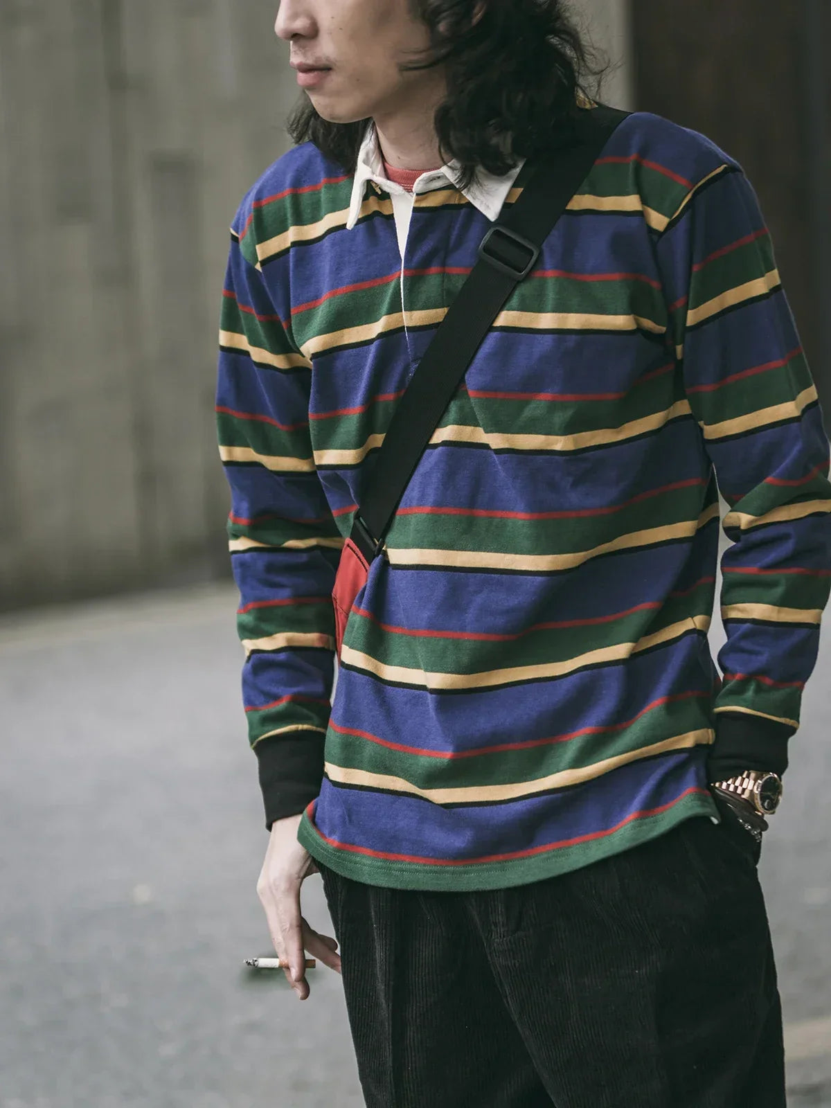 Classic Striped Preppy Polo Shirt Men's Long Sleeve Tee - BritishElegance