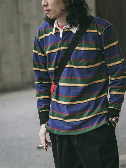 Classic Striped Preppy Polo Shirt Men's Long Sleeve Tee - BritishElegance