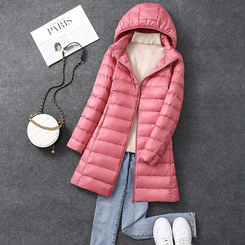 Women's Long Winter Puffer Coat with Detachable Hat