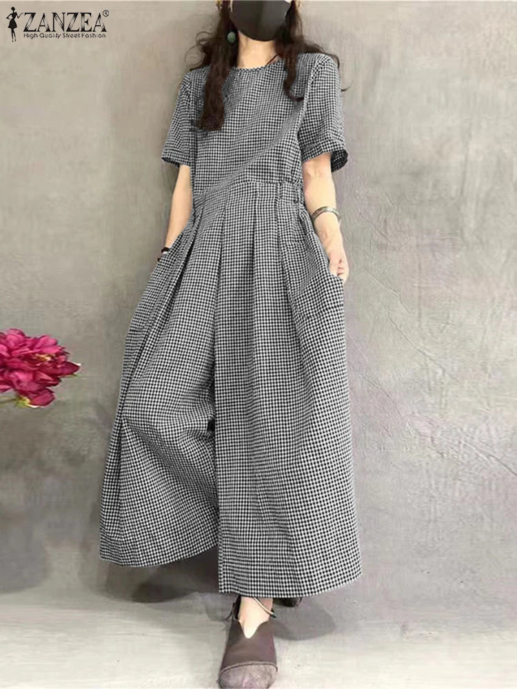 Classic Plaid Loose-Fit Jumpsuit - Relaxed Fit Romper - BritishElegance