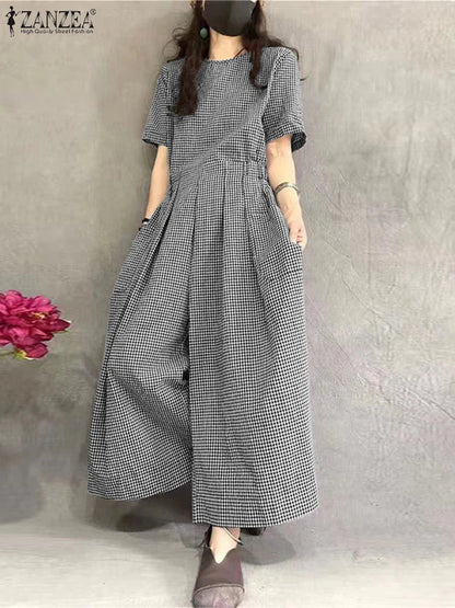 Classic Plaid Loose-Fit Jumpsuit - Relaxed Fit Romper - BritishElegance