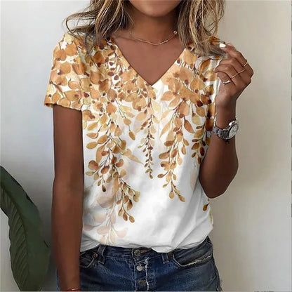 Casual Floral Graphic V-Neck T-Shirt – Loose Fit Women's Top