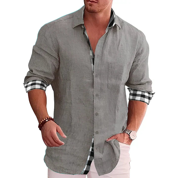 Men's casual shirt featuring contrast details and rolled sleeves