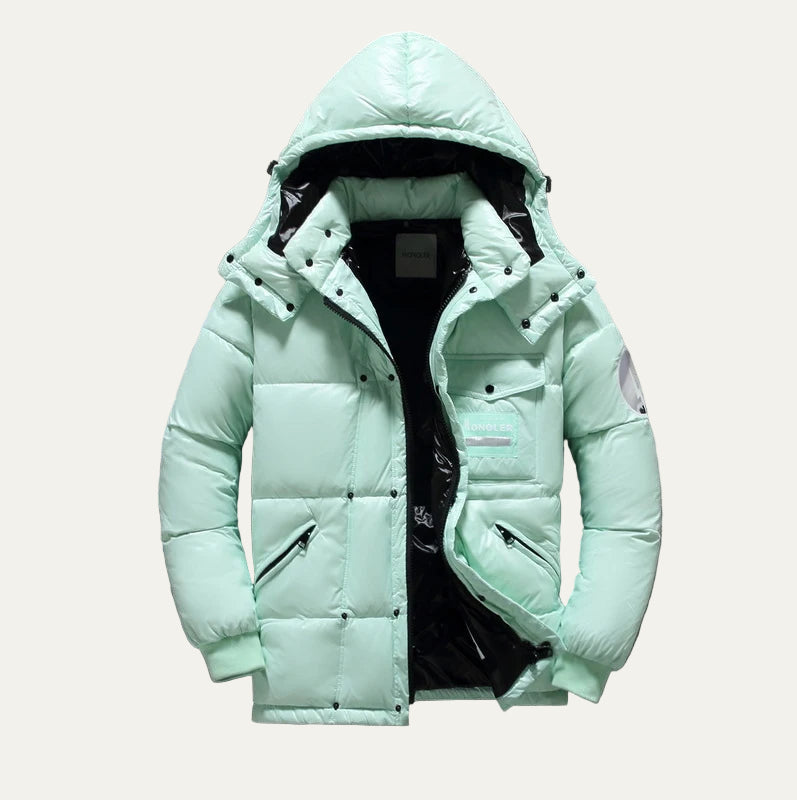 Men’s Glossy Hooded Puffer Jacket with Multi Pockets